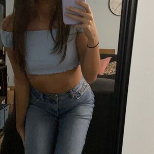 Baby blue knitted off-shoulder crop top XS